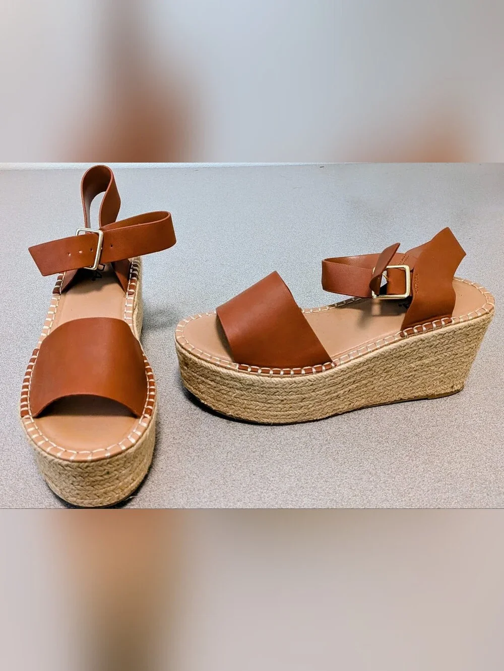 Soda Tan Espadrille Platform Wedge Sandals with Ankle Buckle